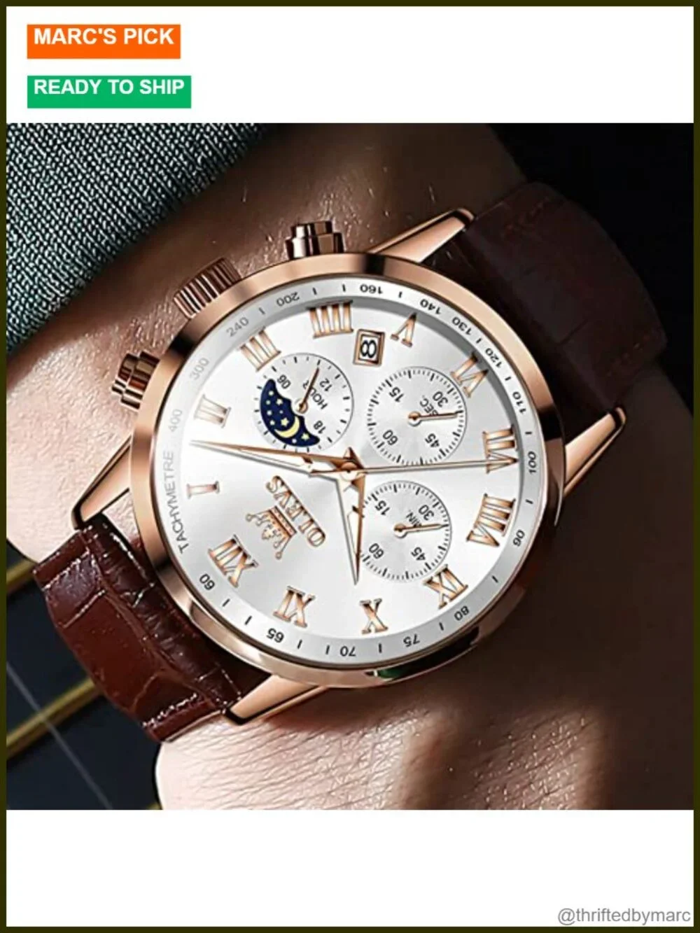 Mens Chronograph Leather Analog Quartz Wrist Watch Luminous Moon Phase Date